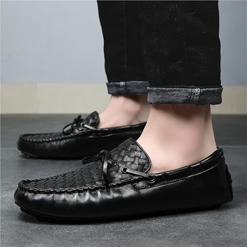 Mens Genuine Leather Woven Loafers Slip On Round Toe Stitching Details Flexible Party Wedding Shoes3