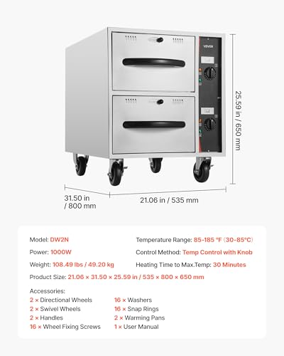 Image of VEVOR Commercial Electric Drawer Warmer,2 Full-Size Pan Stainless Steel Food Warmer,Freestanding Standard Warming Drawer Cabinet,85F-185F Wide Temperature Range,for Restaurant, Hotel Buffet & Bakery