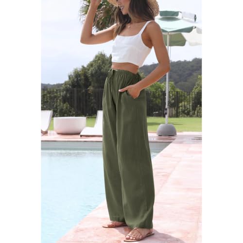 Image of Duyang Womens Cotton Linen Palazzo Pants Drawstring Elastic Waist Casual Wide Leg Trousers with Pockets
