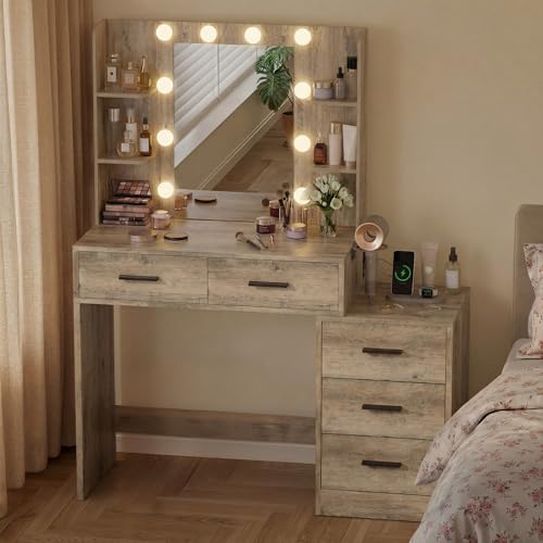 Image of Furmax Makeup Vanity Desk with Mirror and Power Outlet, Vanity with 3 Color Light Options Adjustable Brightness, Vanity Table with 5 Drawers, 6 Storage Shelves, Nightstands (Rustic Oak)