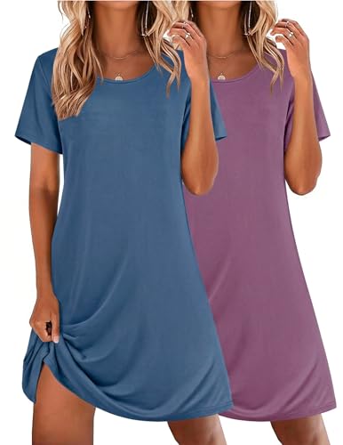 Image of Ekouaer 2 Pack Nightgowns for Women Sleepshirt Short Sleeve Night Shirts