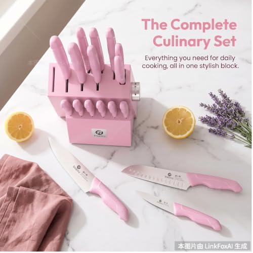 Image of imarku Pink Kitchen Knife Set, 14-Piece Knife Set with Block and Sharpener | Japanese stainless steel |15 edges|non-slip handles| built-in sharpener and dishwasher-safe design