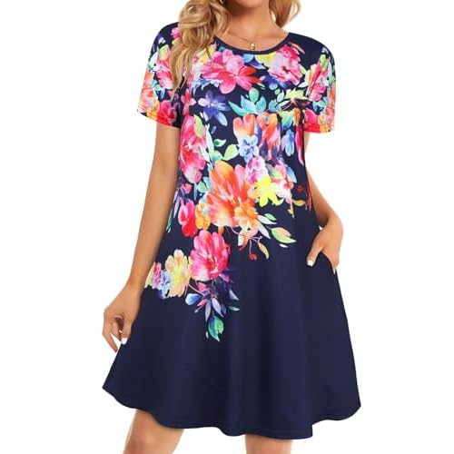 Womens Summer Dresses Beach Casual Loose Tshirt Floral Short Sleeve Flowy Pockets Sundresses Small Colorful Floral