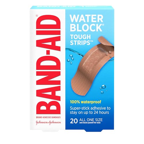 Band-Aid Brand Water Block Waterproof Tough Adhesive Bandages for First Aid Wound Care, Durable Waterproof Bandages to Protect Minor Cuts, Burns & Scrapes, Quilt-Aid Pad, One Size, 20 ct