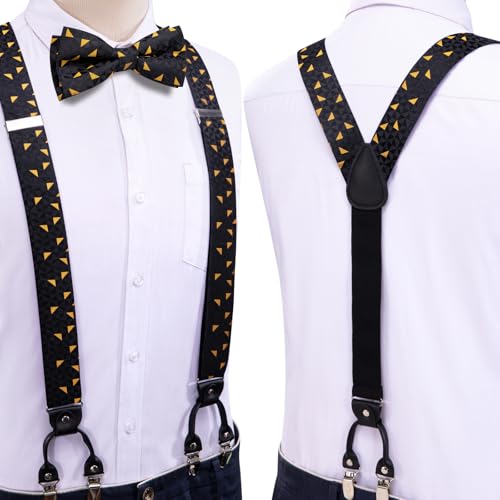 Image of Hi-Tie Mens Suspender Black Orange Geometric Bowtie Adjustable Y-Shape 6 Clips Trouser Braces Pre-Tied Bow Tie with Handkerchief Cufflinks
