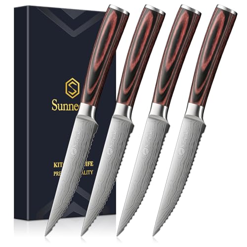Sunnecko Razor-Sharp Steak Knives Set of 4,Premium Stainless Steel Serrated Steak Knife...
