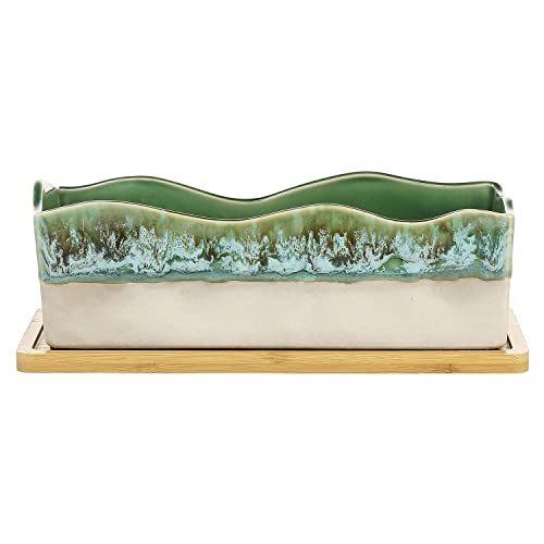 Mygift Rectangular Succulent Planter - Decorative Beige And Green Ceramic Glazed Plant Container Pot With Removable Bamboo Tray #TOP4