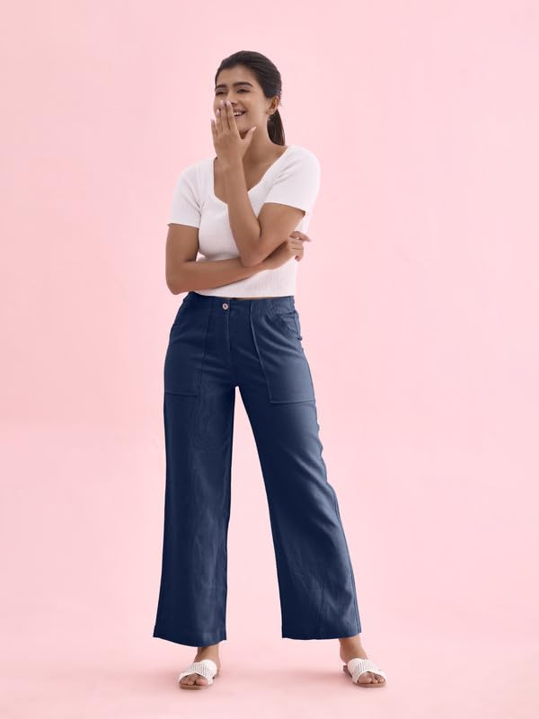 Image of GO COLORS Solid Linen Cargo Pants for Women | Full Length, Mid Rise, Side Pockets