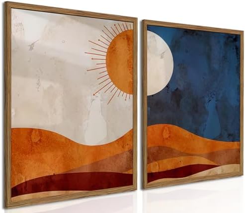 Framed Boho Sun and Moon Canvas Wall Art Set of 2, Vintage Wester...
