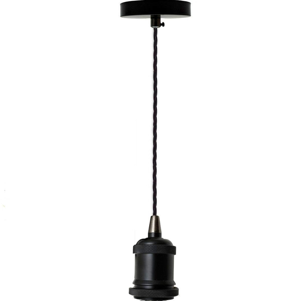 LEDSone Matt Black Vintage Metal Ceiling Pendant Light Fitting Twisted Braided Flex 1m Cable - E27 Lamp Holder Suspended Pendant Light Fitting Kit (Without Bulb)