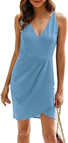 Manydress Women’s Bodycon Sleeveless Deep V Neck Pencil Slim Cocktail Party Dresses MY062 (Sky Blue, L)
