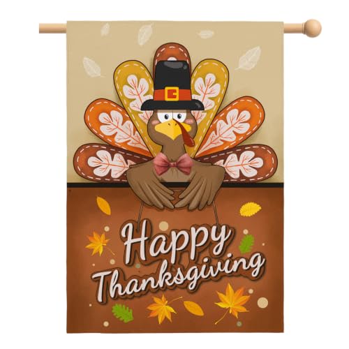 Dacawin Happy Thanksgiving House Flag Turkey Thankful Fall Garden Banner Autumn Happy Harvest Garden Flags Double Sided Yard Decorations Holiday Outdoor Flag 28 x 40 Inch
