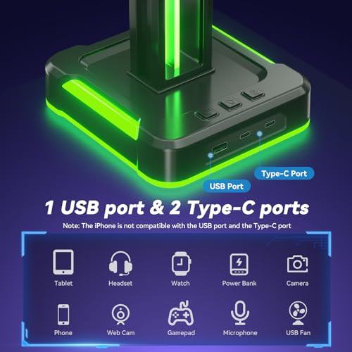 Stojak na słuchawki i kontroler RGB z 2 portami USB typu C i 1 portem USB, stojak na słuchawki z 9 trybami świecenia, uchwyt na kontroler na biurko, uchwyt na słuchawki gamingowe na prezent i