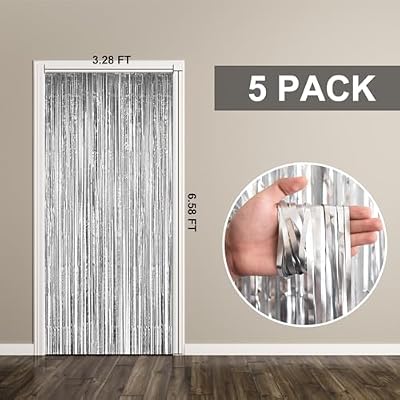 5 Pack Foil Curtain Backdrop Silver Metallic Tinsel Foil Fringe Curtains Photo Booth Props for Birthday Wedding Engagement Baby Shower Bachelorette Christmas Holiday Celebration Party Decorations