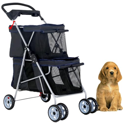 FDW 4 Wheels Pet Stroller Dog Cat Carriers Bag Lightweight Waterproof Folding Jogger Double Stroller with Cup Holders Black