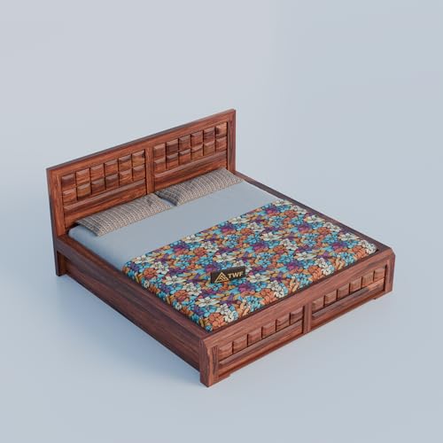 Image of Solid Sheesham Wood Queen Size Bed with Storage Box | Double Bed for Bedroom | Big Diamond Design Wooden Double Bed Cot for Home & Hotels | Rosewood, Honey Finish