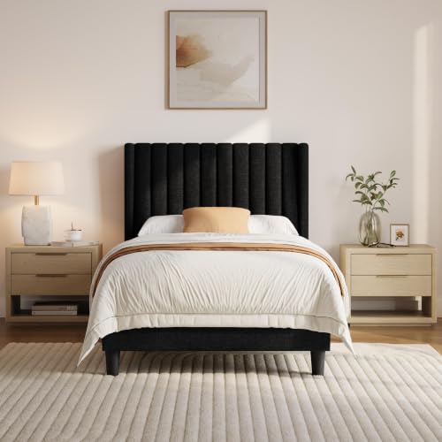 Image of Yaheetech Twin Bed Frame with Headboard,Black Channel-Tufted Platform