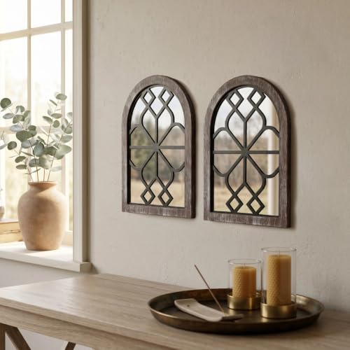 Azonsdop Set of 2 Arched Window Wall Mirror, Rustic Farmhouse Accent Mirror with Wood Frame Decorative Wall Art Mirror for Living Room Bathroom Bedroom Kitchen