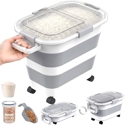 NURYO 30 Lbs Rice Storage Container with Wheels Collapsible Airtight Dog Food Storage Container with Transparent Lid Measuring Cup Scoop Handle BPA Free Rice Holder for Pet Food Grain Bird Seed