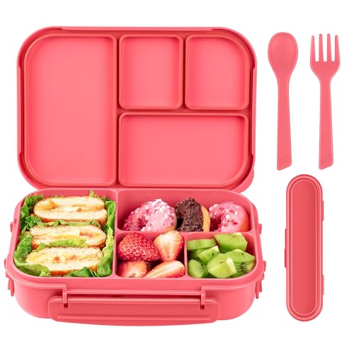 Amathley Lunch Box Kids Bento Box Adult Leakproof Lunch Containers for Adults/Kids/Toddler 1200ML-4 Compartments Bento Boxes with Utensil Microwave & Dishwasher & Freezer Safe (Pink Berry)