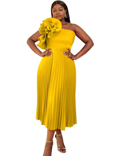 Image of AOMEI Women's One Shoulder 3D Flower Sleeveless High Waist Pleated A Line Long Dress Party Summer