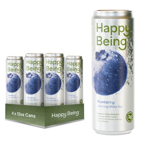 Happy Being Blueberry Sparkling White Tea, Antioxidant, 12oz 4 Pack