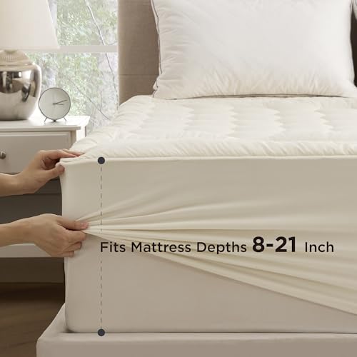 Bedsure Beige Full Size Mattress Pad - Quilted Fitted Mattress Topper Protector with 8-21 Inches Deep Pocket, Noiseless Breathable Bed Cover Padded, Machine Washable, Beige, 54x75 Inches