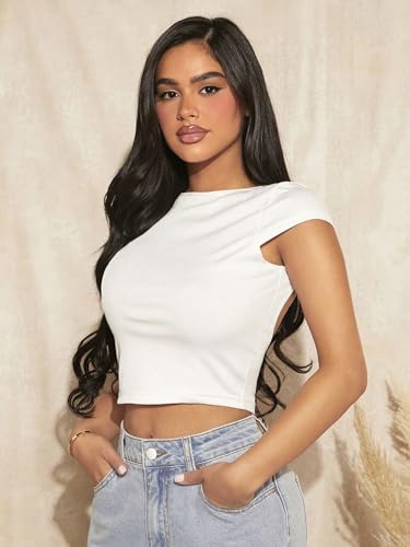 Image of Aahwan Royal Solid Slim Fit Tee Backless Western Stylish Short Sleeve Ribbed Crop Top for Women's & Girls