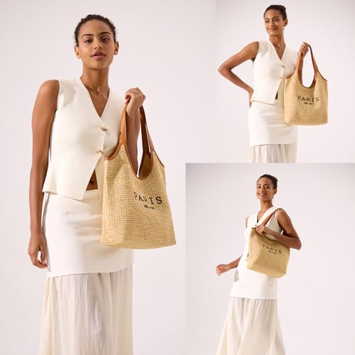 Bolso Tote de paja para mujer con cartera desmontable miniatura 3