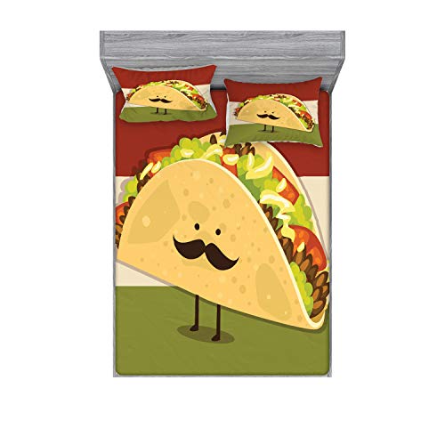 Ambesonne Food Fitted Sheet & Pillow Sham Set, Mexican Taco with Mustached Face Rolled with Veggies Humor Comic Childish Art, Decorative Printed 3 Piece Bedding Decor Set, Queen, Paprika Green