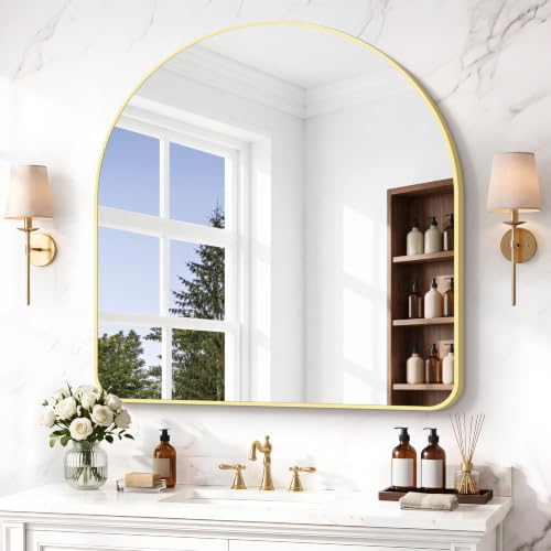 Image of BONEWEI Arched Wall Mirror,42x42 inch Gold Arched Mirror Bathroom,Large Vanity Mirror for Over Sink Metal Frame,Tempered Glass Arch Mirrors for Bedroom,Entryway,Living Room,Home Decor Shatter-Proof
