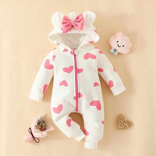 Newborn Baby Girl Hooded Jumpsuit Heart Cow Zip Up Long Sleeve Infant One Piece Romper Snowsuit Valentines Outfit3