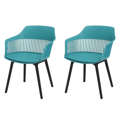 Image of Creative Peacock Blue Plastic Dining Chairs Set of 2 | Armrest Spindle Back Design | Plastic Shell and Legs | 1.47 Feet Seat Height | Dining Kitchen Cafe Restaurant Living Room Home Use