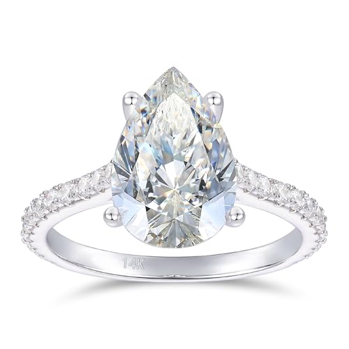 14K White Gold Moissanite Engagement Ring 3 Carat 8x10mm Pear Cut Moissanite Rings 14k White Gold Engagement Ring 4-Prong Pear Cut Moissanite Rings
