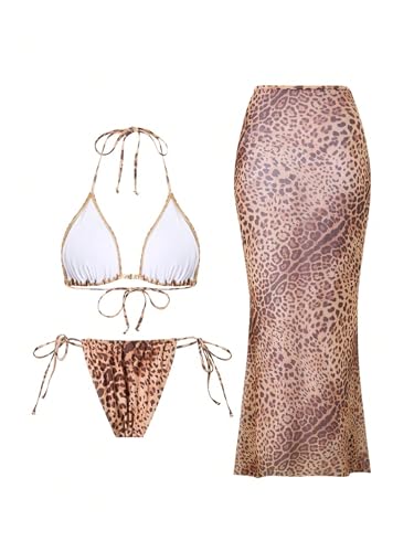 SHENHE Women's Leopard Print Swimsuits 3 Piece Triangle Halter String Bikini Set with Cover Up4