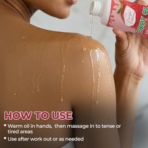 Image of Body oil designed for Deep Hydration to nourish, protect, and rejuvenate the skin while leaving it with a soft, radiant glow and a strawberry scent long -lasting fragrance, jojoba oil and more 6.76oz