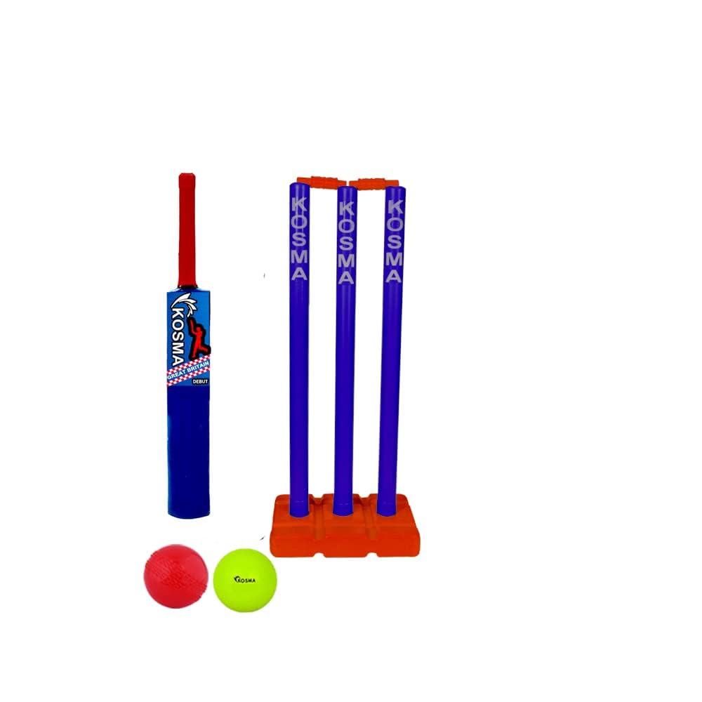 Kosma Kwik Ensemble de cricket pour enfants avec sac | Batte de cricket n°1 (58,4 cm) | 2 balles | 3 guichets de 33 cm avec bélières et support fini dans une couleur rouge vif et bleu roi
