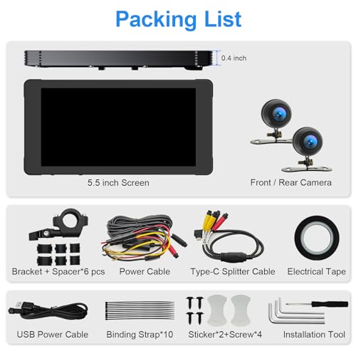 Image of 5.5 inch Motorcycle CarPlay (Includes 128G SD) with Dual Dash Cam, HD Touch Screen, Wireless Android Auto, Waterproof, TPMS, GPS Navigation, Bluetooth, Siri /Google Assistant, Remote Control