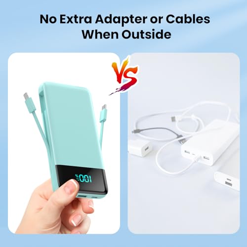 Image of Portable Charger Power Bank for iPhone with Built-in Cables and AC Wall Plug, 13800mAh Ultra Slim Travel Essentials,USB C Fast Charging External Battery Pack for iPhone 17 /16 /13,Galaxy,Android-Green