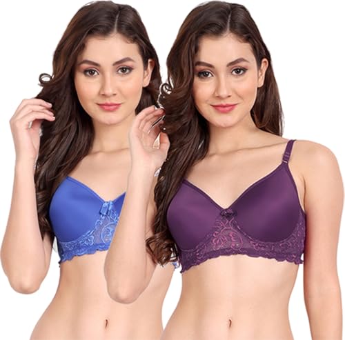Image of FIMS - Fashion is my style Women Cotton Blend Lace Lightly Padded Bra Seamless Purple Blue Size 40B