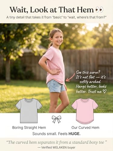 Image of WELAKEN Girls Soft T-Shirt with Curved Hem, Breathable Stretchy Rayon Crewneck Short Sleeve Tees, Kids Everyday Basic Top