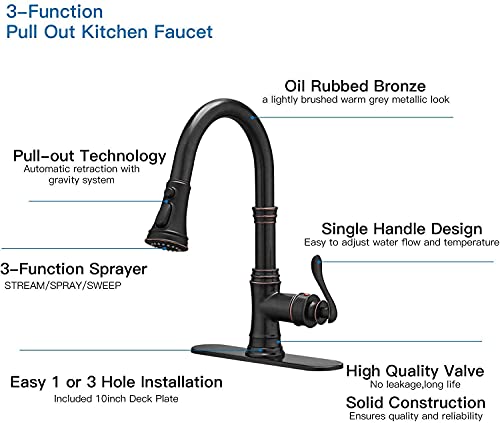 Bathfinesse Oil Rubbed Bronze Kitchen Faucet, Single Handle High Arc Gooseneck Pull Down Sprayer, 3 Function Spray Head, Heavy Duty Commercial RV Kitchen Sink Faucet Equipped with Deck Plate by Bathfinesse - Image 2