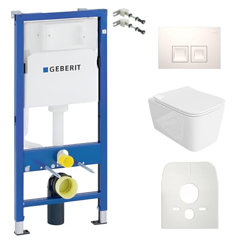 Lavita Duofix Basic Vorwandelement + Lavita Wand Tiefspül WC Dalia Weiß Spülrandlos + WC Sitz mit Absenkautomatik + Bedienplatte Delta 25 Weißer Knopf Komplettset Unterputz Spülkasten Toilette WC