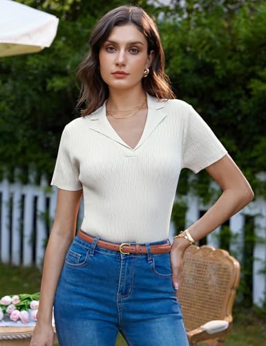 Image of GRACE KARIN Womens 2025 Summer Short Sleeve Sweater V Neck Knitted Polo Shirt Lightweight Collared Pullover Sweater