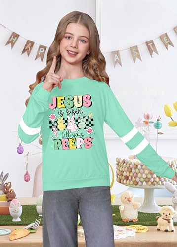 Image of LAZYCHILD Kids Easter Shirt Girls Happy Easter Shirts Rabbit Graphic Long Sleeve Striped Tee Tops 5-14 Years