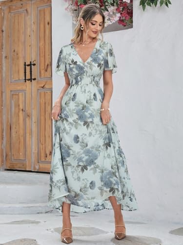 Image of Simplee Women's Boho Floral Maxi Dress Flowy Casual V Neck Short Sleeve Wedding Guest Holiday Beach Long Dress