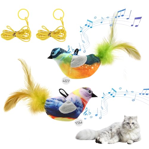 2 stuks tjilpende vogel, simulatie vogel, kattenspeelgoed, vliegende vogelspeelgoed voor katten met elastisch touw, interactief kattenspeelgoed, intelligentie, kattenspeelgoed, geluid, vogelspeeltje