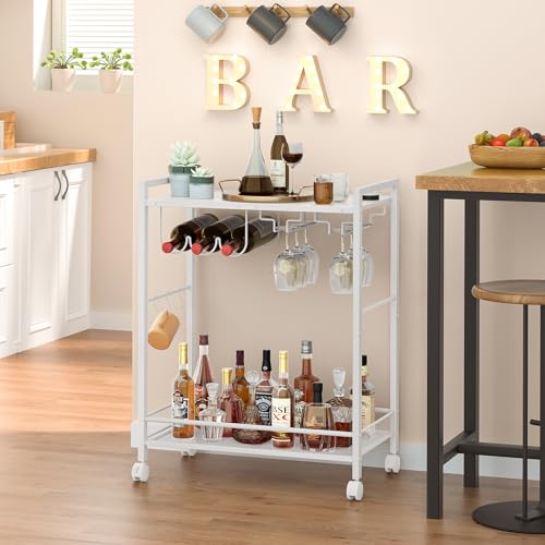Image of Joaxswe Bar Cart,2-Tier Home Bar Serving Cart with Lockable Wheels,White