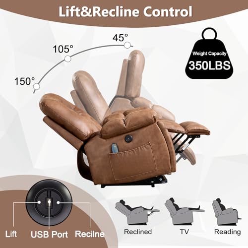 Image of CANMOV Power Lift Recliner Chair with Massage and Heat for Elderly, Overstuffed Wide Recliners, Heavy Duty and Safety Motion Reclining Mechanism with USB Ports, 2 Concealed Cup Holders, Brown