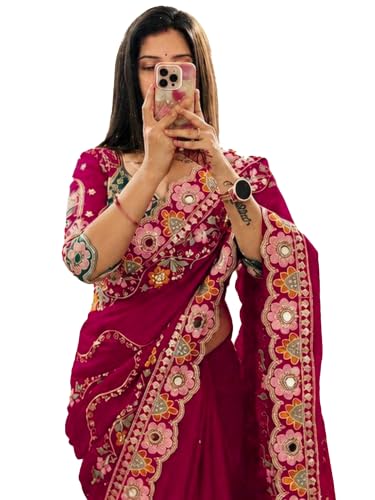 Image of AKHILAM Women's Pure Georgette Saree, Heavy Zari Embroidery, Mirror & Sequin Work, Cutwork Border, Pink, with Blouse Piece